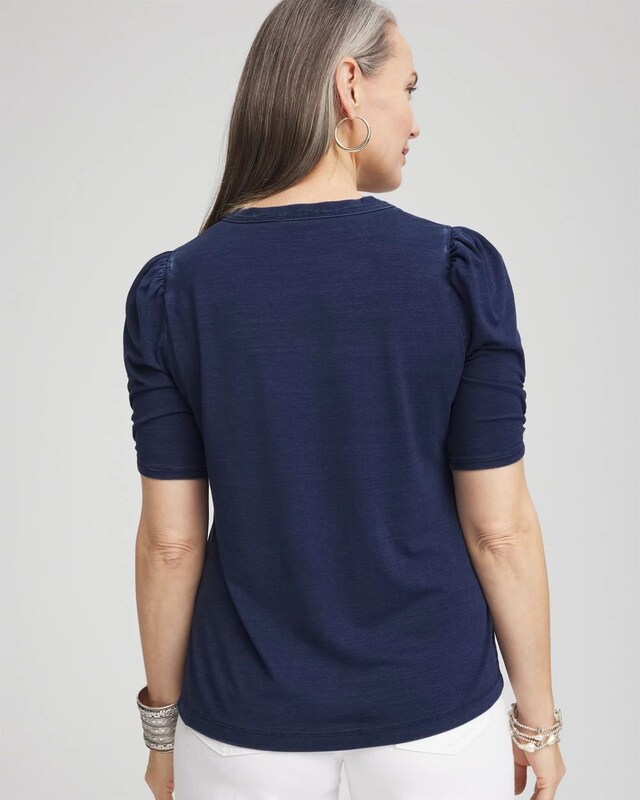 Denim Shirred-Sleeve Henley Tee - image 3